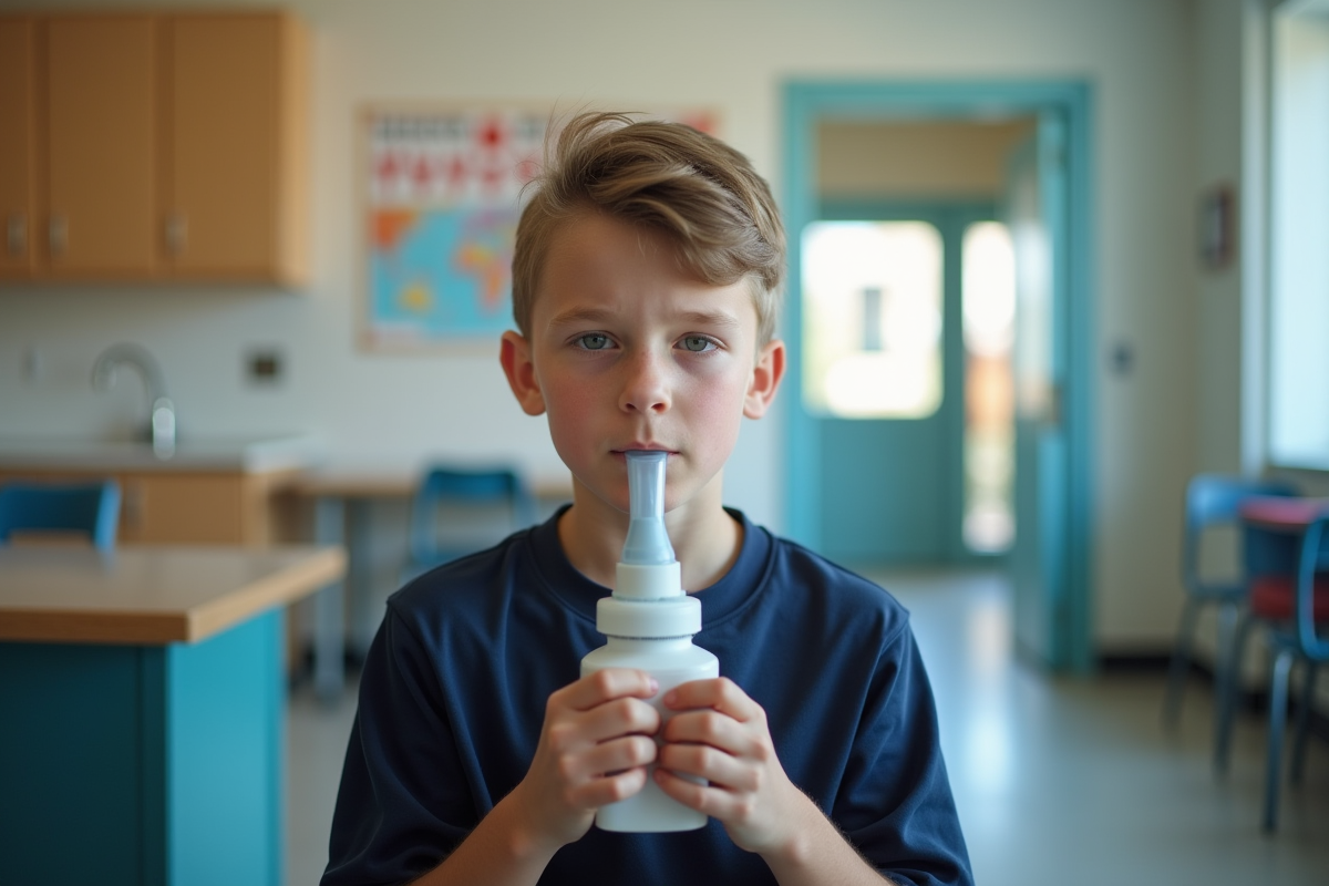 Ado souffle dans un spirometre dans une salle d infirmiere scolaire