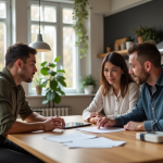 Agent immobilier discutant avec un couple dans une cuisine lumineuse