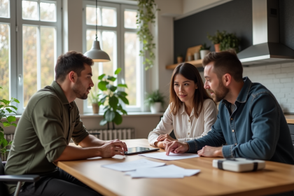 Agent immobilier discutant avec un couple dans une cuisine lumineuse