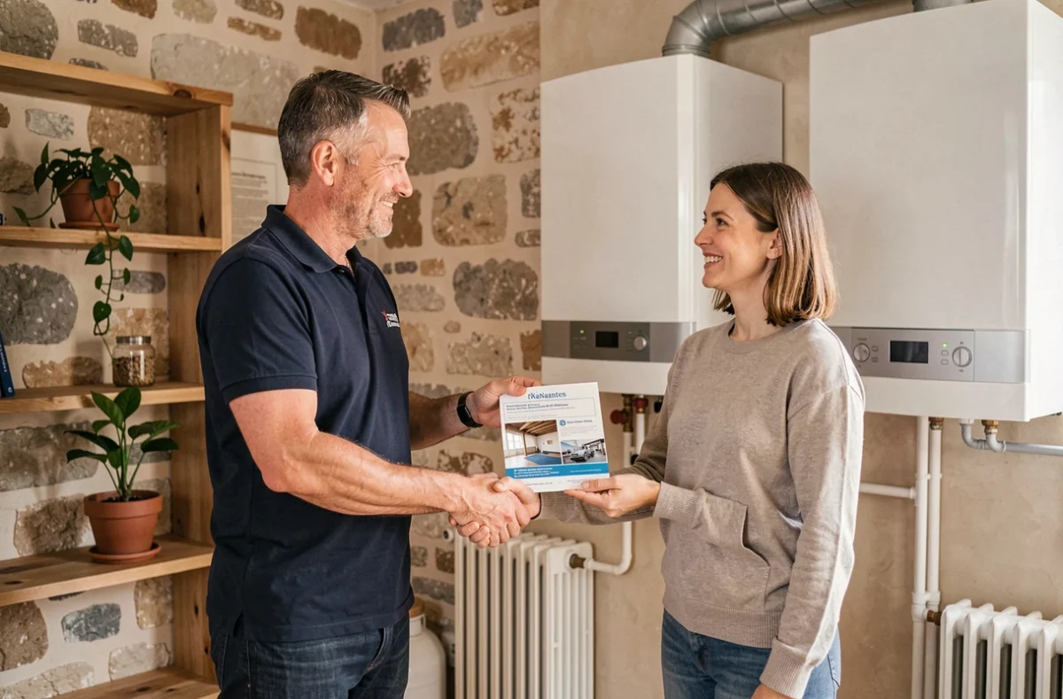 Conseiller d'Aide Energie Nantes remettant un livret de garantie à une propriétaire après l'installation d'une chaudière à Nantes