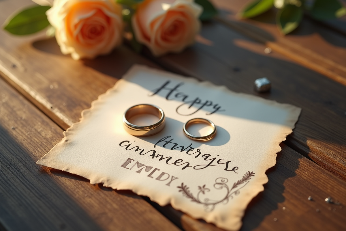 Alliances et carte d anniversaire sur table en bois rustique