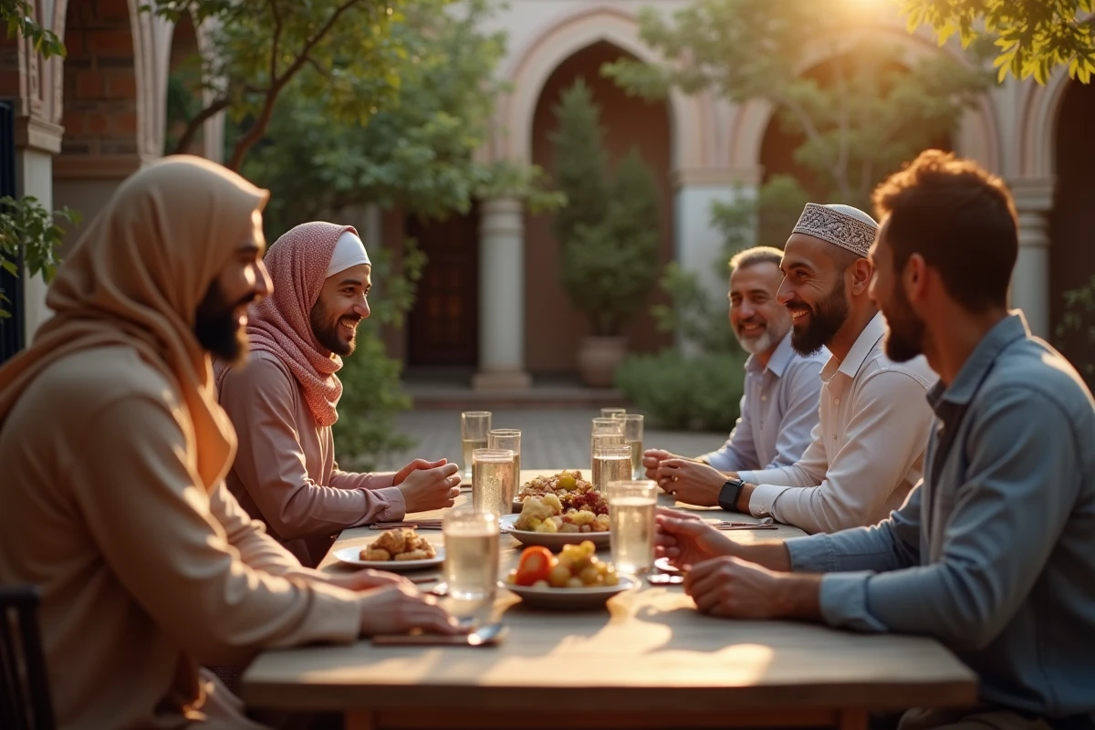 Groupe d amis divers partageant un repas de rupture du jeûne