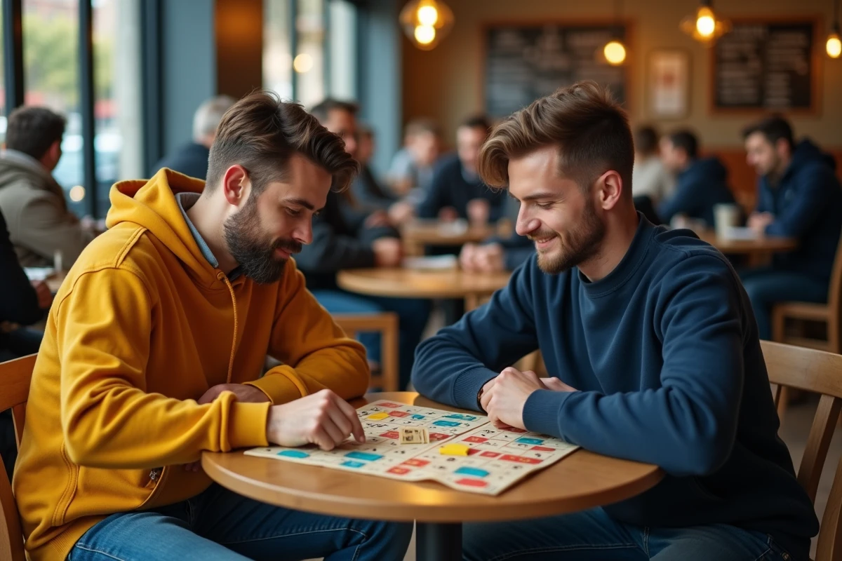 Deux amis jouant à un jeu de lettres style Scrabble dans un café urbain avec plateau de jeu portable