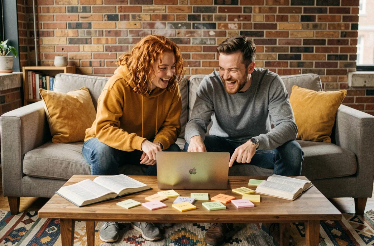 Deux amis assis sur un canapé jouent ensemble à Cemantix sur un ordinateur portable entouré de notes et d'un dictionnaire