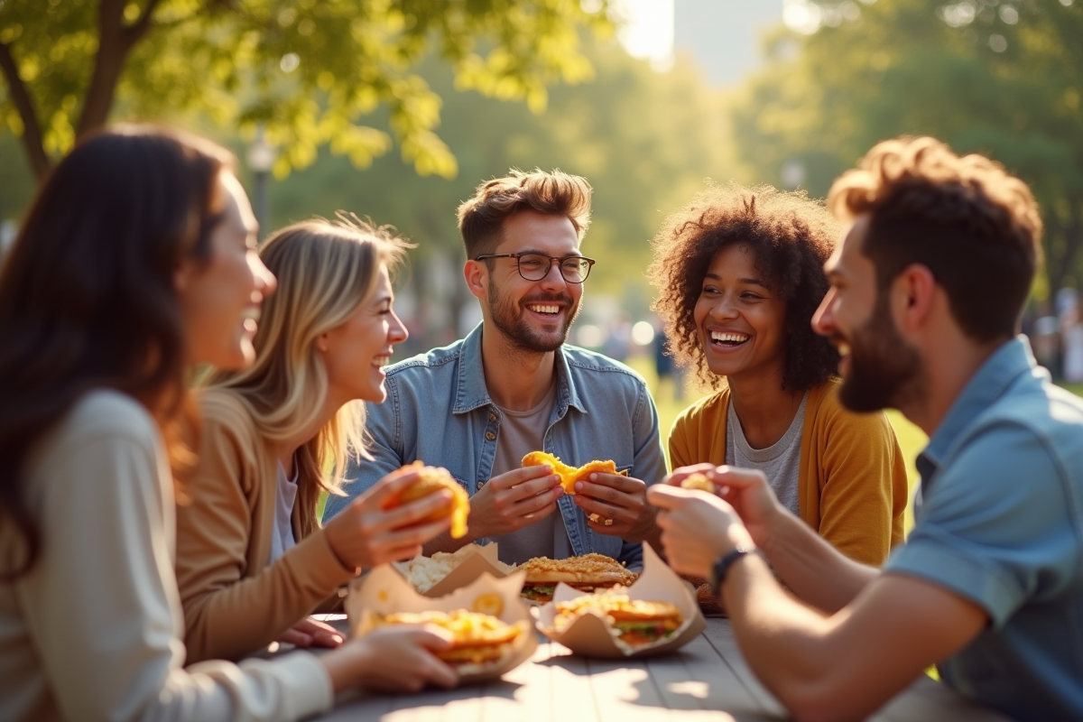 Groupe d amis partageant un repas dans un parc ensoleille