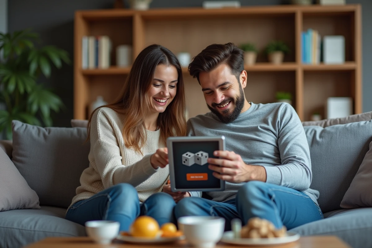 Deux amis consultant une page centralisée de liens de dés gratuits pour Monopoly GO sur une tablette dans un salon