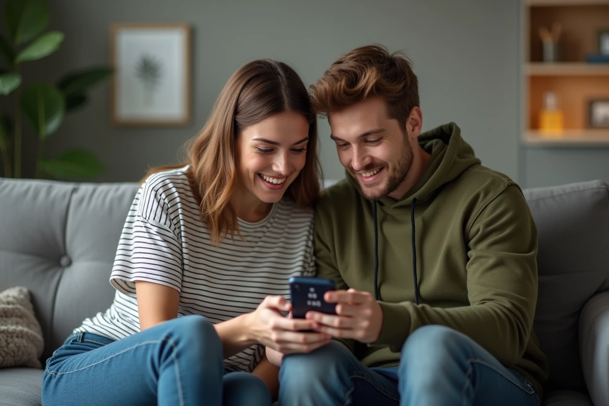 Deux amis collaborant ensemble pour trouver la solution d'un mot de 9 lettres dans le jeu 4 Images 1 Mot