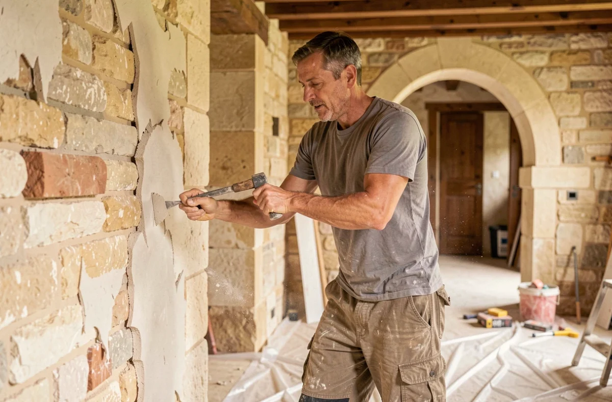 Artisan d'Angoulême Rénov décapant un mur en pierre intérieur lors de la rénovation d'une maison charentaise traditionnelle