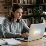 Femme tapant sur un ordinateur portable dans un bureau à domicile, symbolisant la navigation anonyme et la protection des données personnelles en ligne