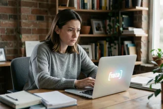 Femme tapant sur un ordinateur portable dans un bureau à domicile, symbolisant la navigation anonyme et la protection des données personnelles en ligne