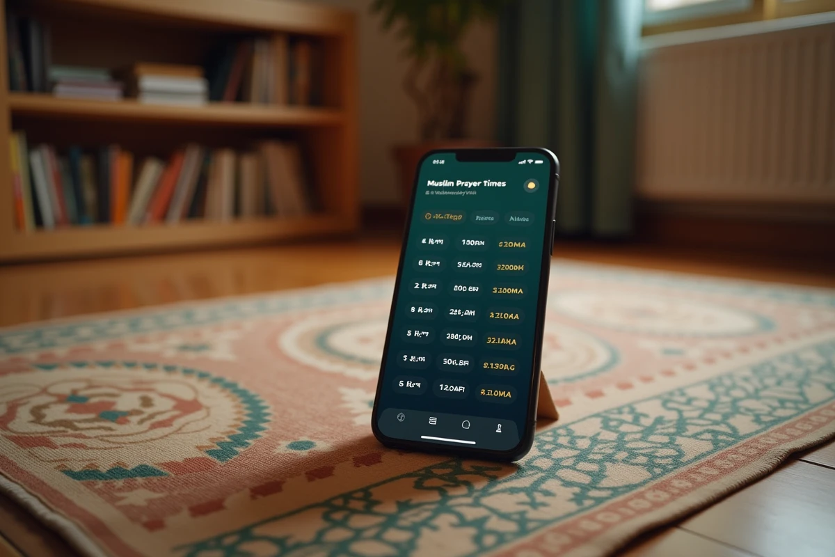 Application mobile affichant les horaires de prière à Valenciennes selon les saisons sur un tapis de prière