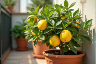 Arbre citron en pot sur balcon ensoleille avec feuilles vertes