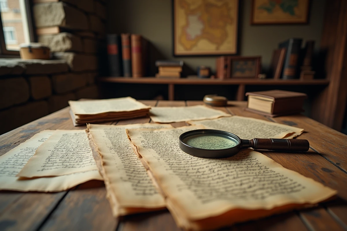 Documents d'archives et coupures de presse sur une table en chêne, évoquant la recherche de faits biographiques et de rumeurs autour d'une personnalité publique