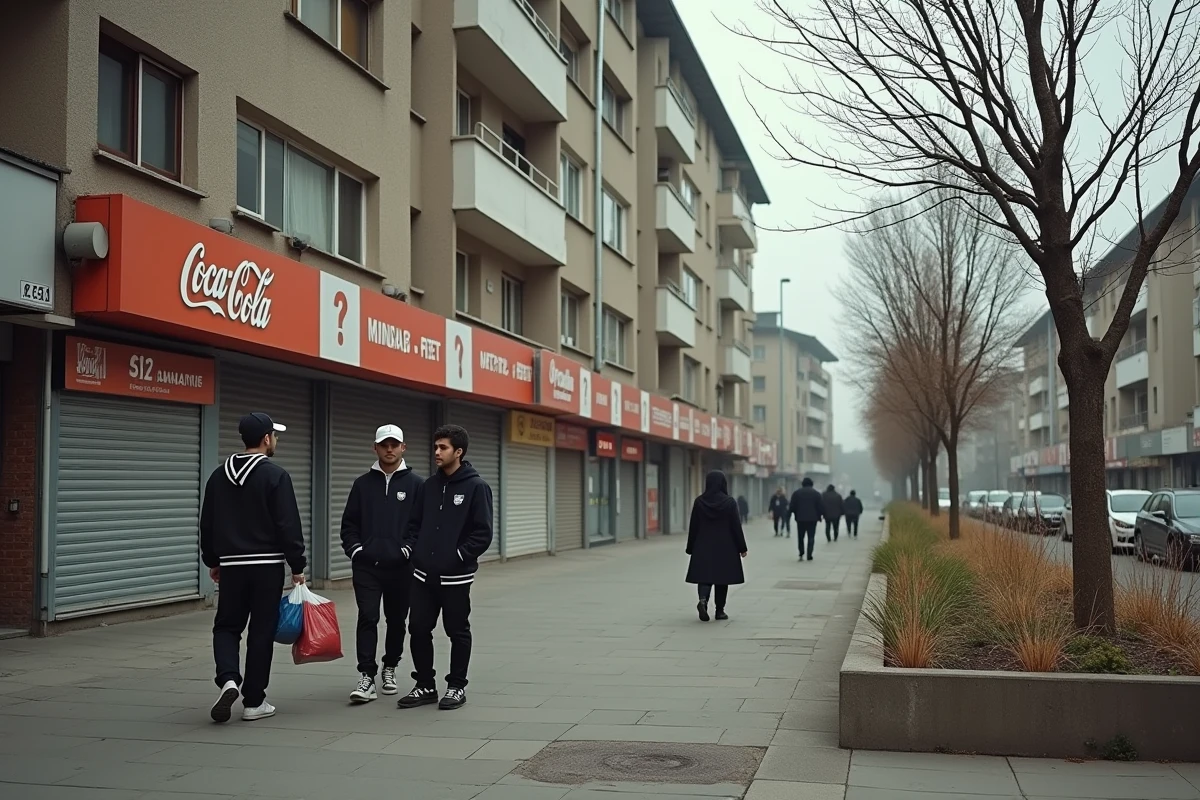Banlieue d'Argenteuil avec ses tours des années 70 et son commerce de proximité, scène de vie ordinaire dans une cité du Val-d'Oise