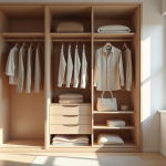 Armoire organisée avec vêtements neutres et lumière naturelle