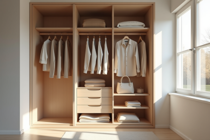 Armoire organisée avec vêtements neutres et lumière naturelle