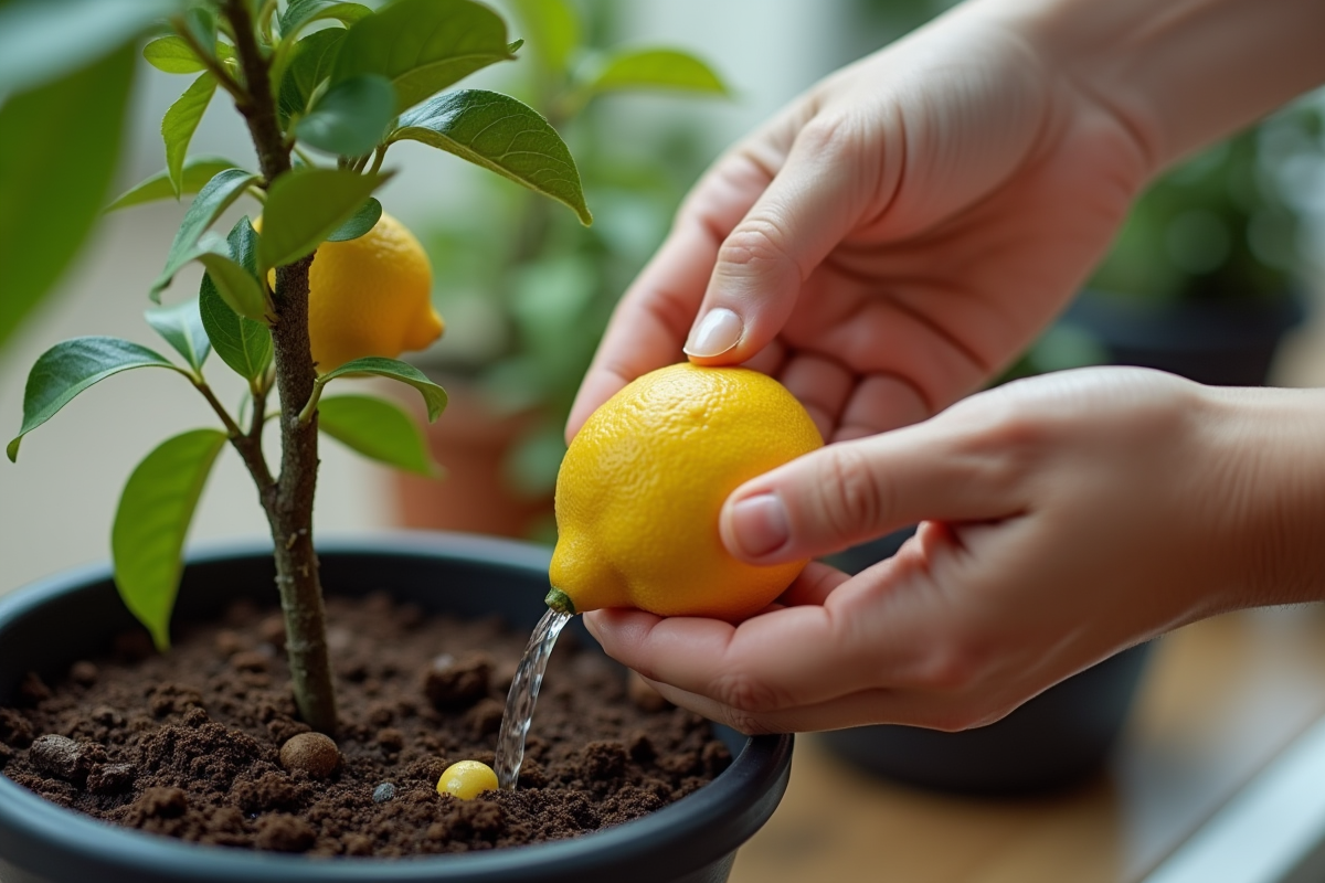 Main arrosant un arbre citron en pot avec fruits et terre humide