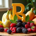 Assortiment de fruits exotiques avec B sur table ensoleillee