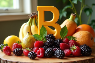 Assortiment de fruits exotiques avec B sur table ensoleillee