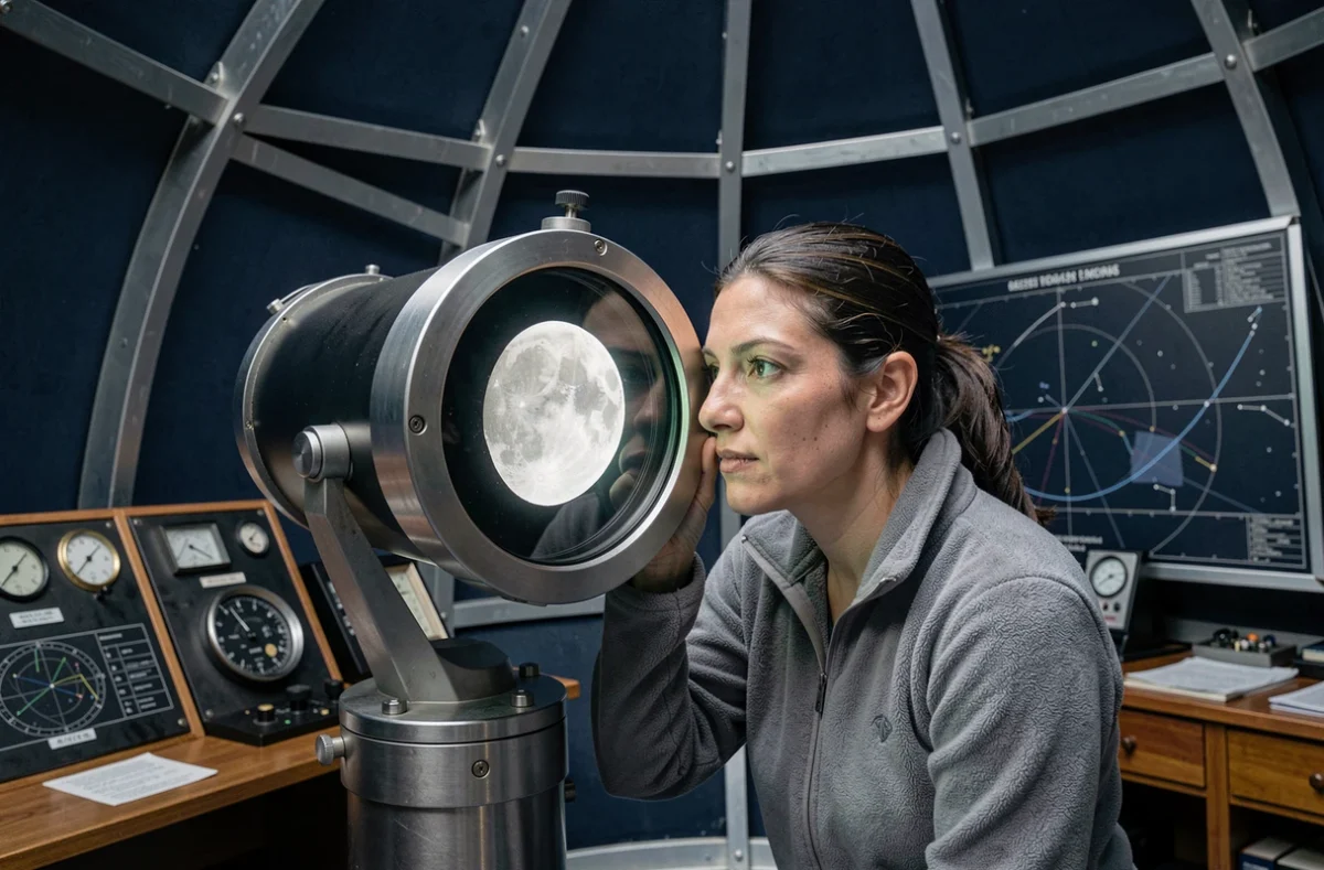 Astronome féminine observant une nouvelle lune à travers un télescope dans un observatoire professionnel