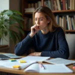 Auteure indépendante stressée relisant son manuscrit avant publication sur Kindle Direct Publishing