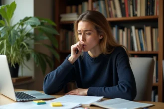 Auteure indépendante stressée relisant son manuscrit avant publication sur Kindle Direct Publishing