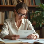 Auteure examinant un numéro ISBN sur un document imprimé dans un bureau à domicile entouré de livres