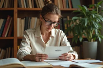 Auteure examinant un numéro ISBN sur un document imprimé dans un bureau à domicile entouré de livres