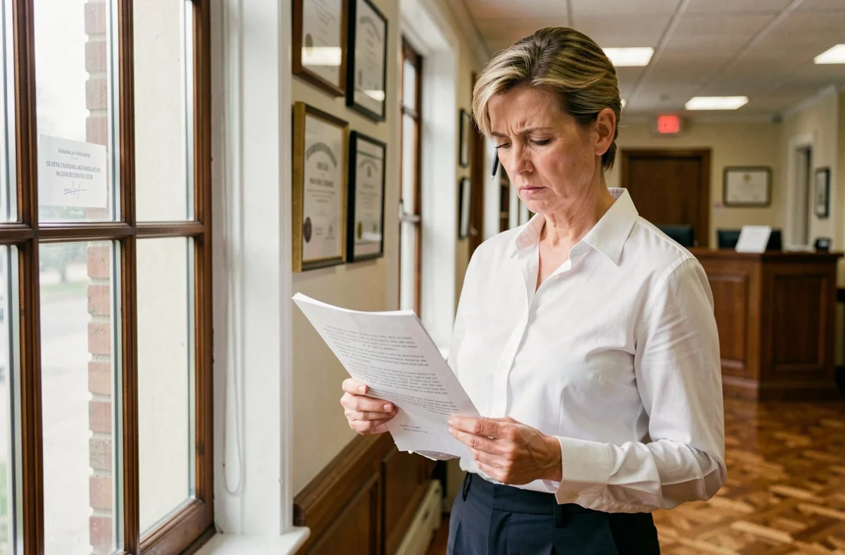 Avocate relisant un document bilingue dans le couloir d'un cabinet juridique traditionnel