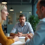 Collègues en réunion d'entreprise avec une atmosphère tendue illustrant un conflit lié à des propos discriminatoires au travail