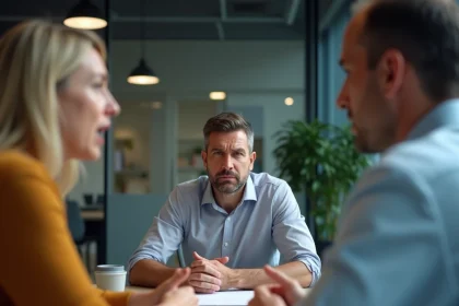 Collègues en réunion d'entreprise avec une atmosphère tendue illustrant un conflit lié à des propos discriminatoires au travail