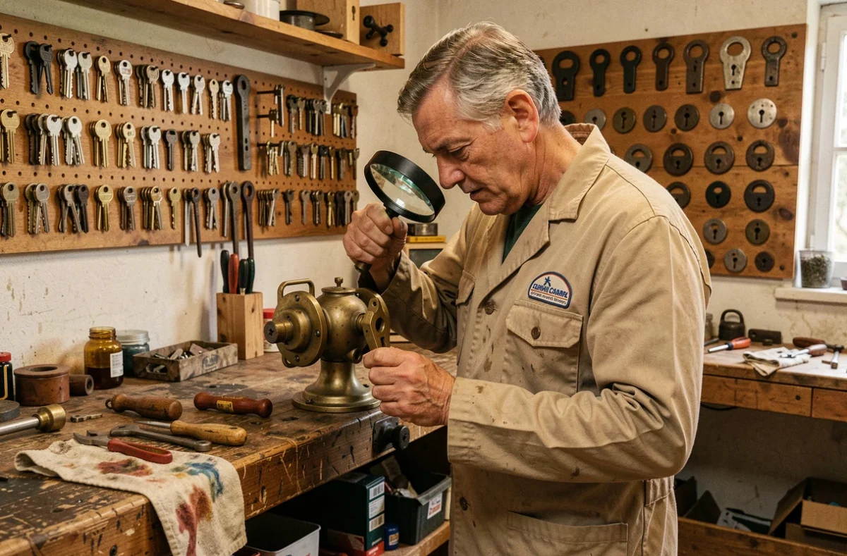 Artisan serrurier de Blanchier SARL examinant un mécanisme de serrure ancienne dans son atelier charentais traditionnel