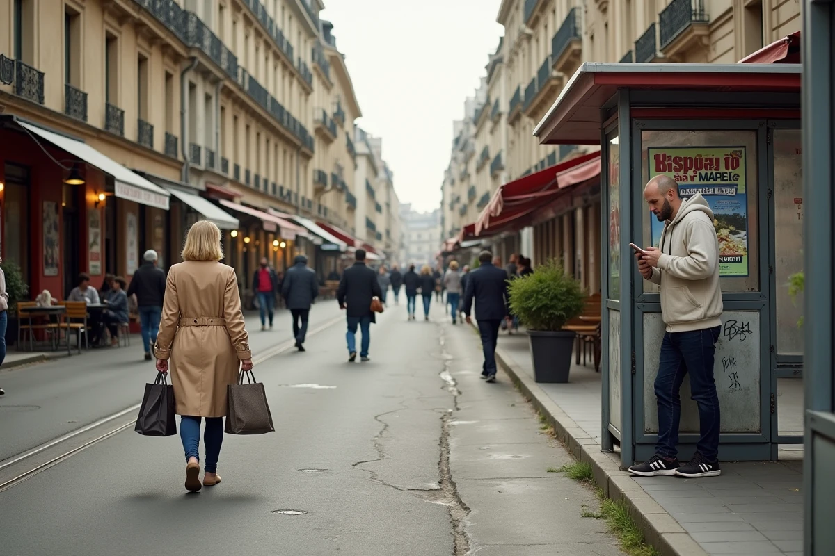Rue piétonne de Bordeaux avec ses façades en calcaire haussmannien et ses habitants qui vaquent à leurs occupations quotidiennes