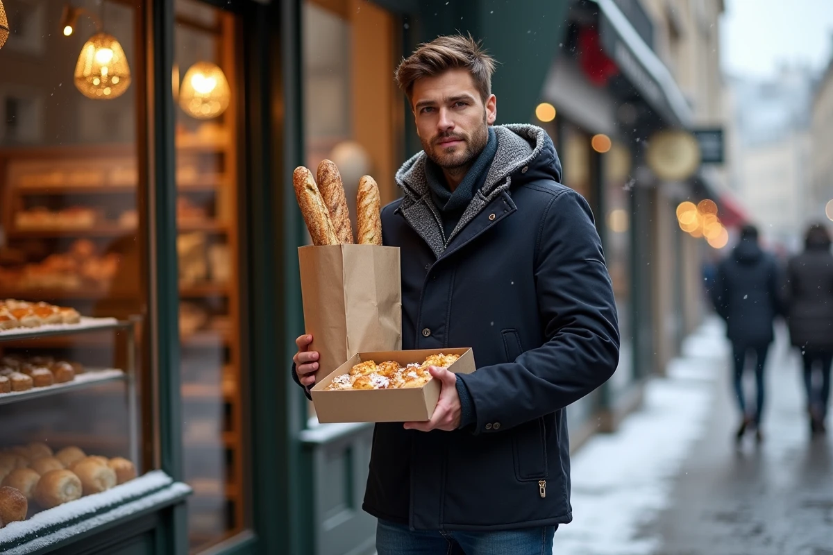 Homme achetant du pain et des pâtisseries de Noël dans une boulangerie ouverte le dimanche avant les fêtes