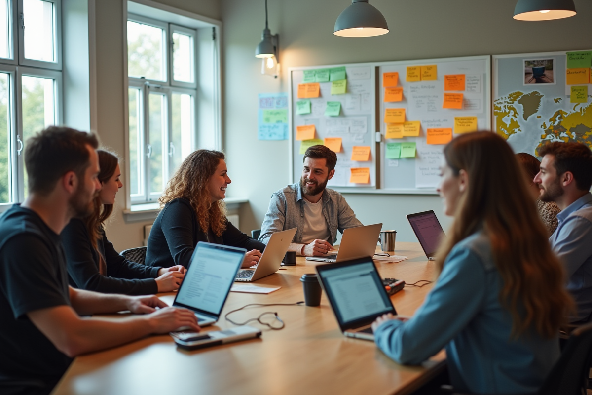 Groupe en brainstorming dans un espace de coworking lumineux