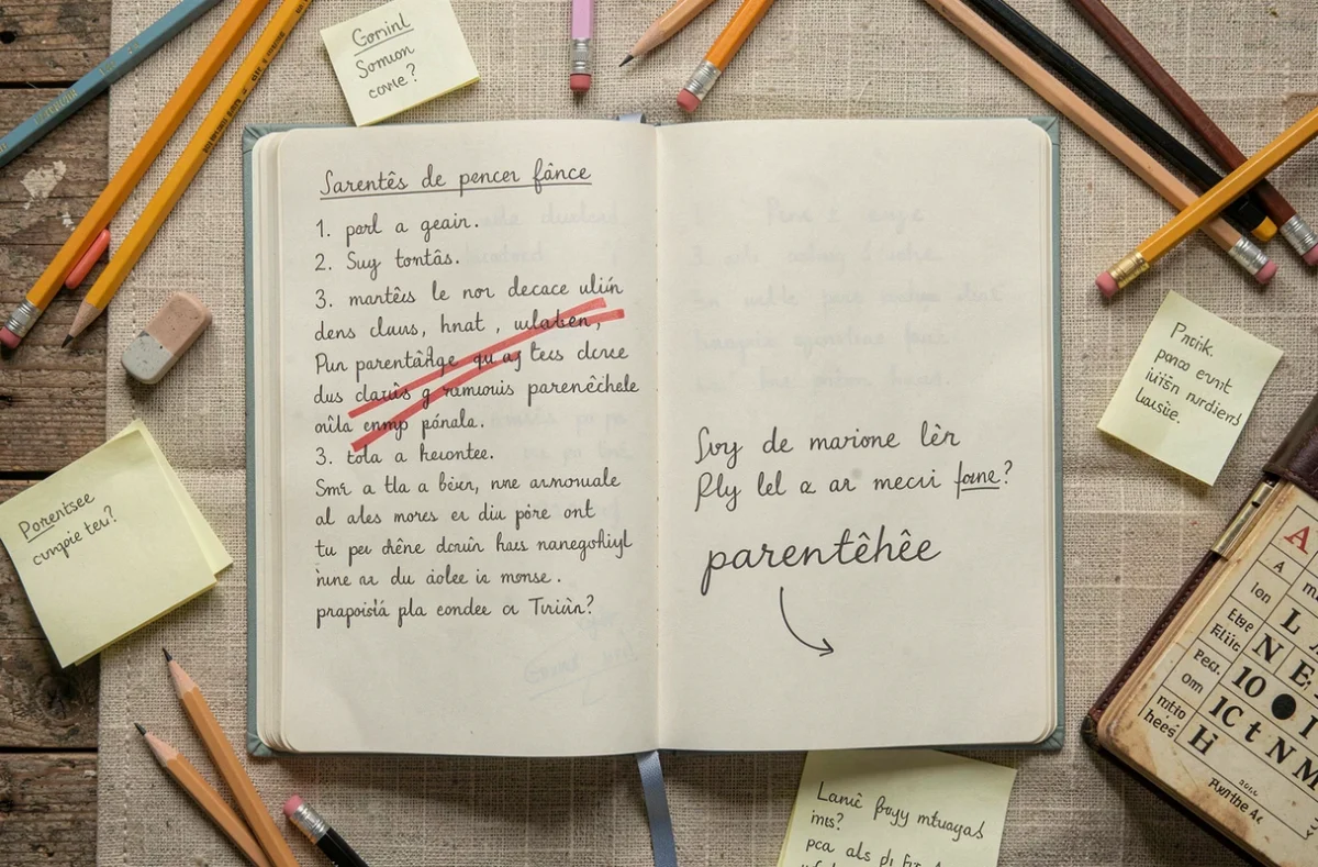 Vue de dessus d'un cahier de grammaire avec la correction manuscrite du mot parentses en parenthèse, entouré de matériel scolaire