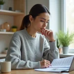 Femme calculant une différence de dates sur un ordinateur portable avec un calendrier imprimé sur un bureau en bois