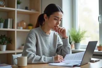 Femme calculant une différence de dates sur un ordinateur portable avec un calendrier imprimé sur un bureau en bois