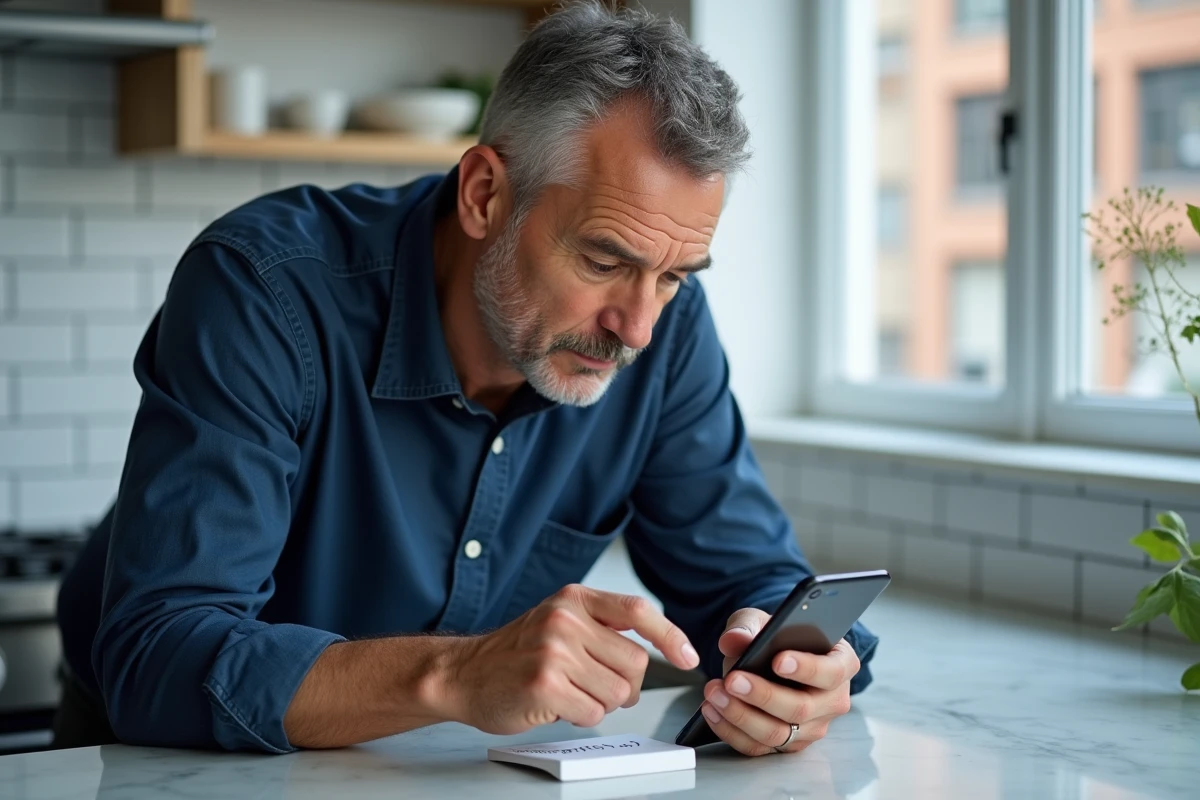 Homme utilisant une application smartphone pour calculer un écart entre deux dates dans une cuisine moderne