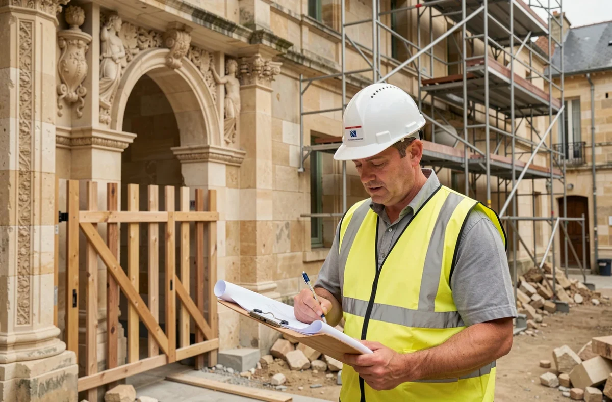 Professionnel de CCONSTRUCTIONS en Charente consultant des plans devant un bâtiment en pierre en cours de rénovation