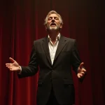 Chanteur de variété française sur scène dans un théâtre vintage aux rideaux bordeaux, évoquant l'âge d'or de la chanson française
