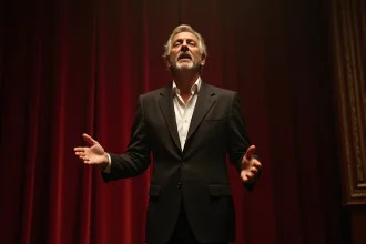 Chanteur de variété française sur scène dans un théâtre vintage aux rideaux bordeaux, évoquant l'âge d'or de la chanson française