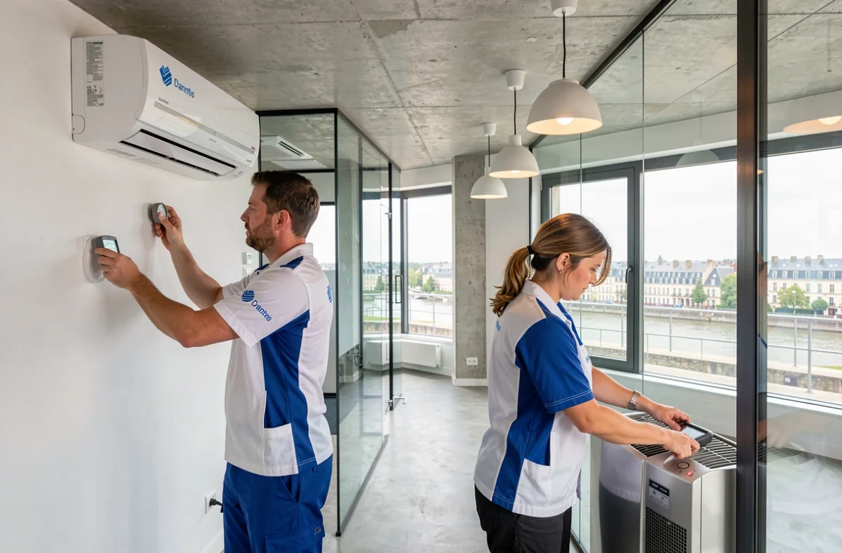 Deux techniciens de Chauffage et Clim Nantes entretenant des systèmes de climatisation et de chauffage dans un bureau moderne à Nantes