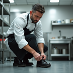 Chef professionnel en cuisine portant chaussures de sécurité noires