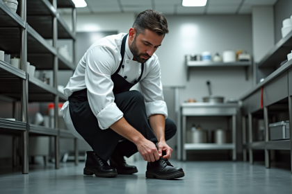 Chef professionnel en cuisine portant chaussures de sécurité noires