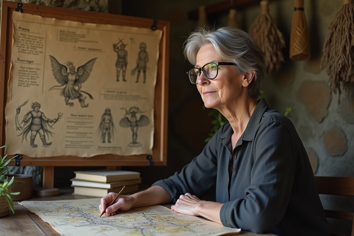 Femme chercheuse en folklore breton étudiant une carte illustrée et des notes sur les korrigans dans un intérieur rustique