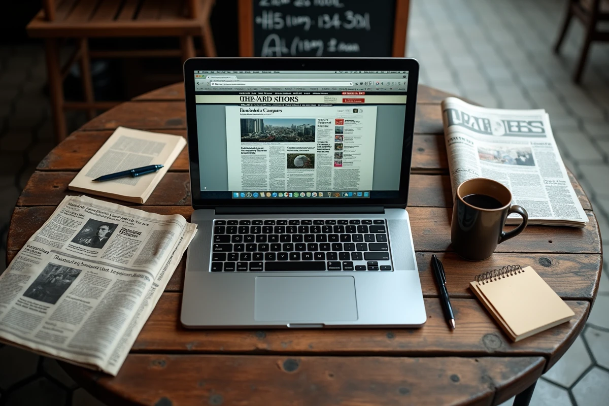 Flat lay journalistique évoquant l'historique et la chronologie du site Wikio.com entre 2006 et 2013