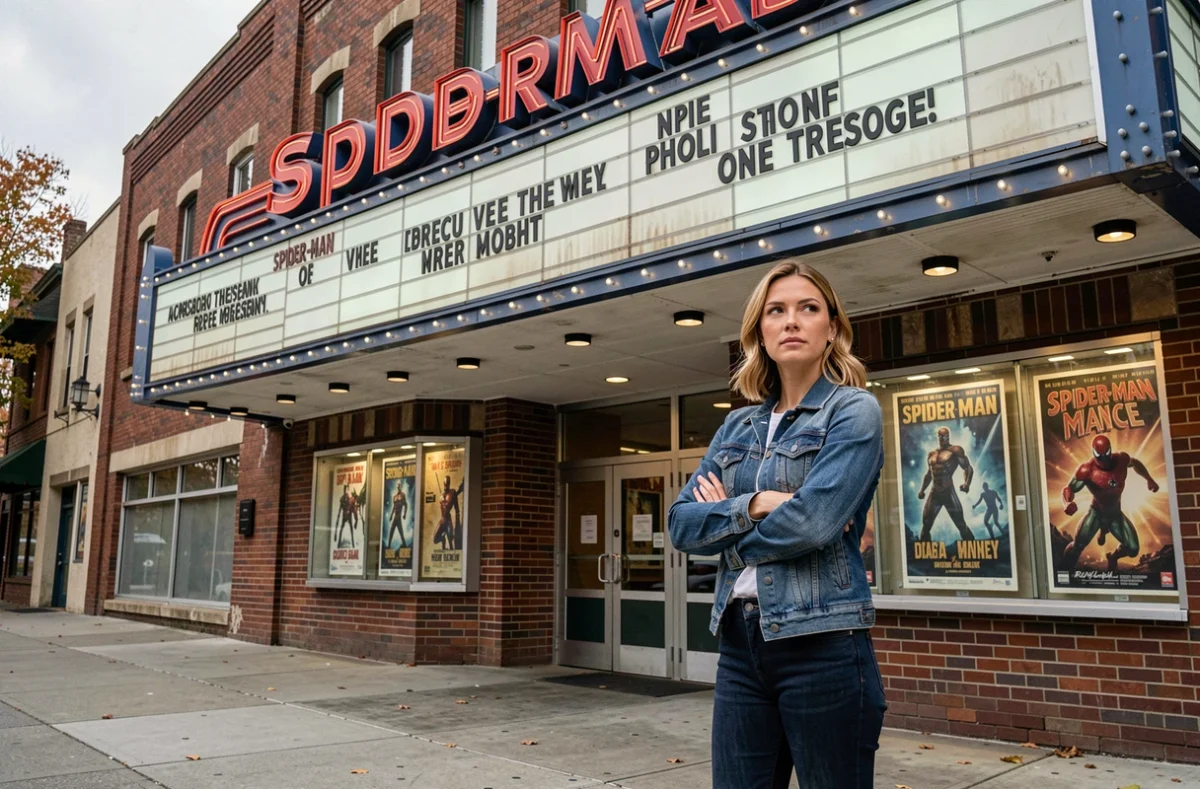Femme dubitative devant une façade de cinéma vintage faisant référence aux suites de Spider-Man en 2026