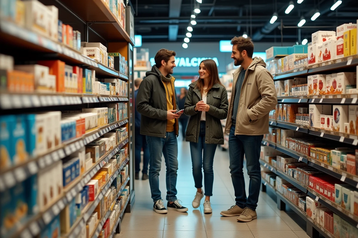 Clients parcourant les rayons de la venta Dantxaria avec produits basques et articles détaxés