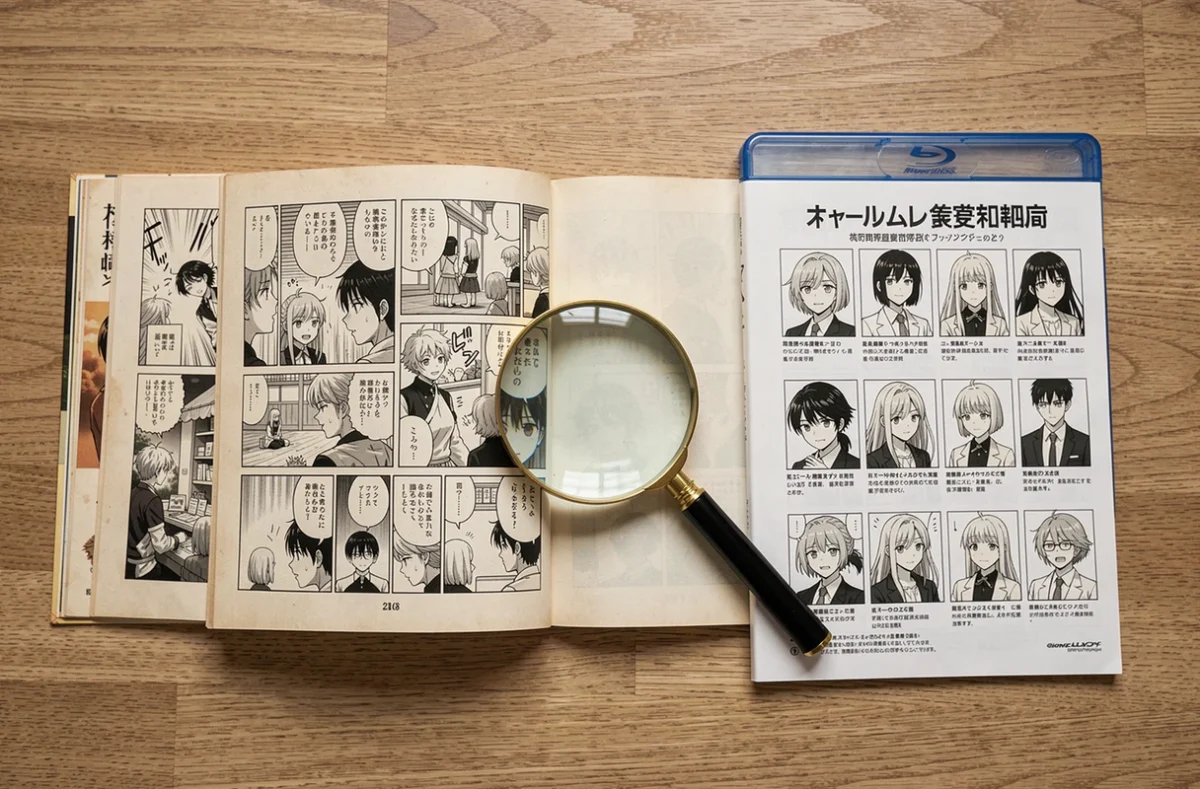 Comparaison manga et anime posés sur un bureau avec volumes ouverts et boîtier Blu-ray